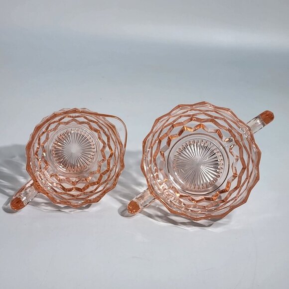 Pink Depression Glass Creamer Sugar Bowl Set Diamond Pattern Handles - Picture 10 of 10